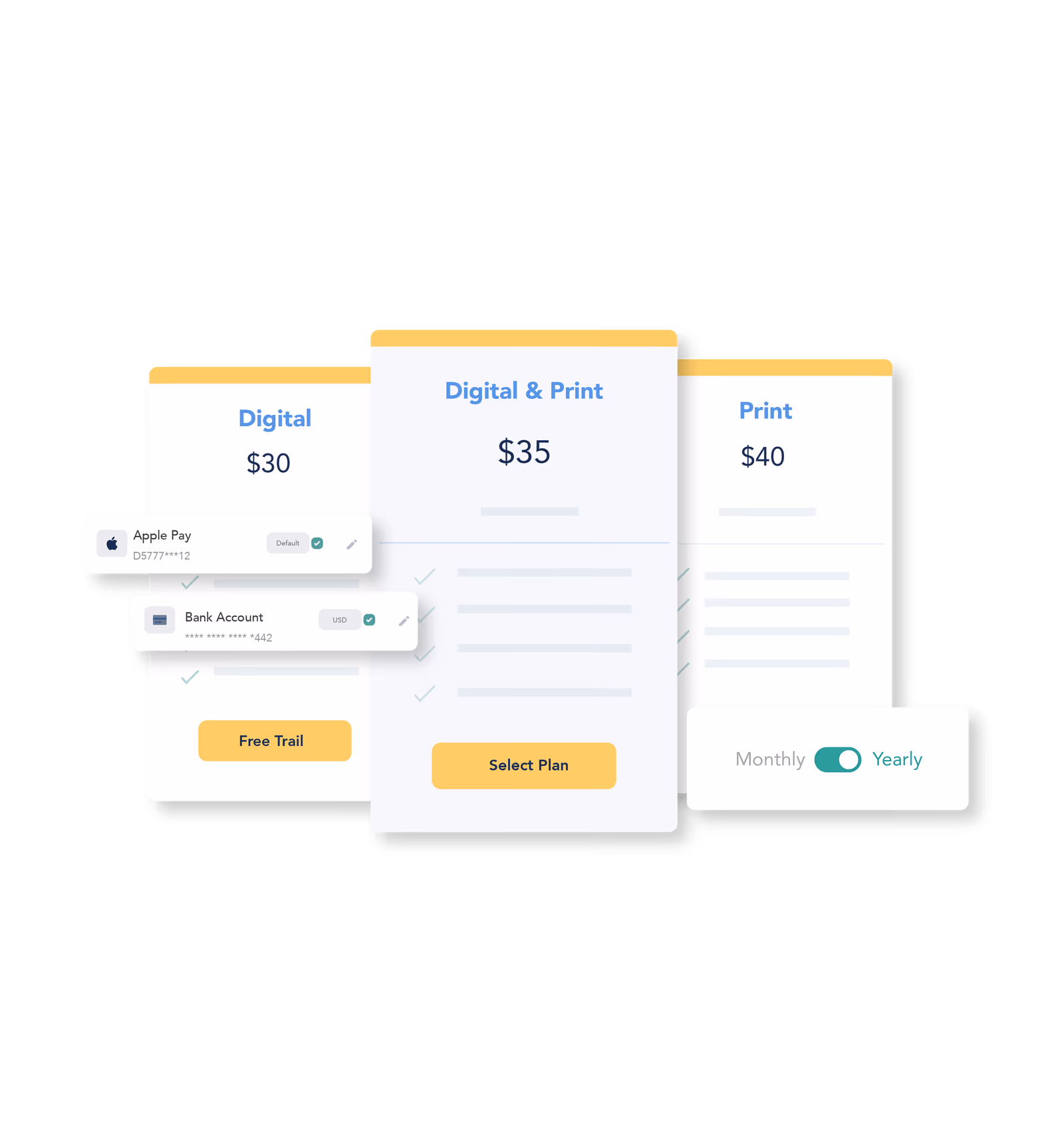 Pelcros Custom subscription payment page showing print and digital subscriptions and modern payments