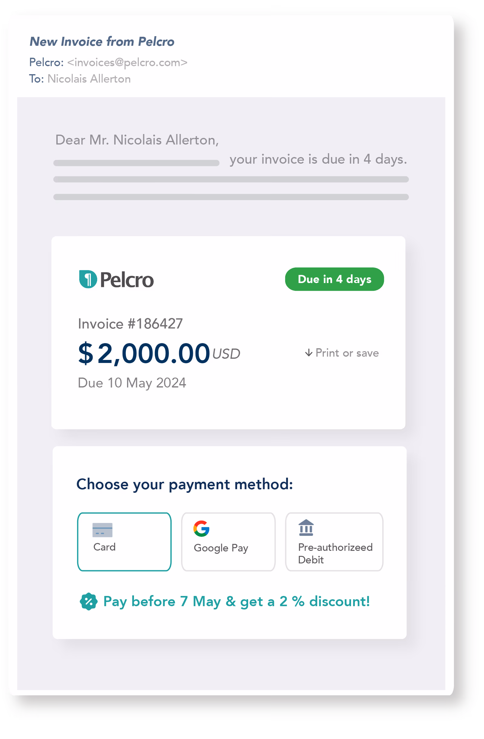 Pelcro Payments — actionable invoice with embedded pay link