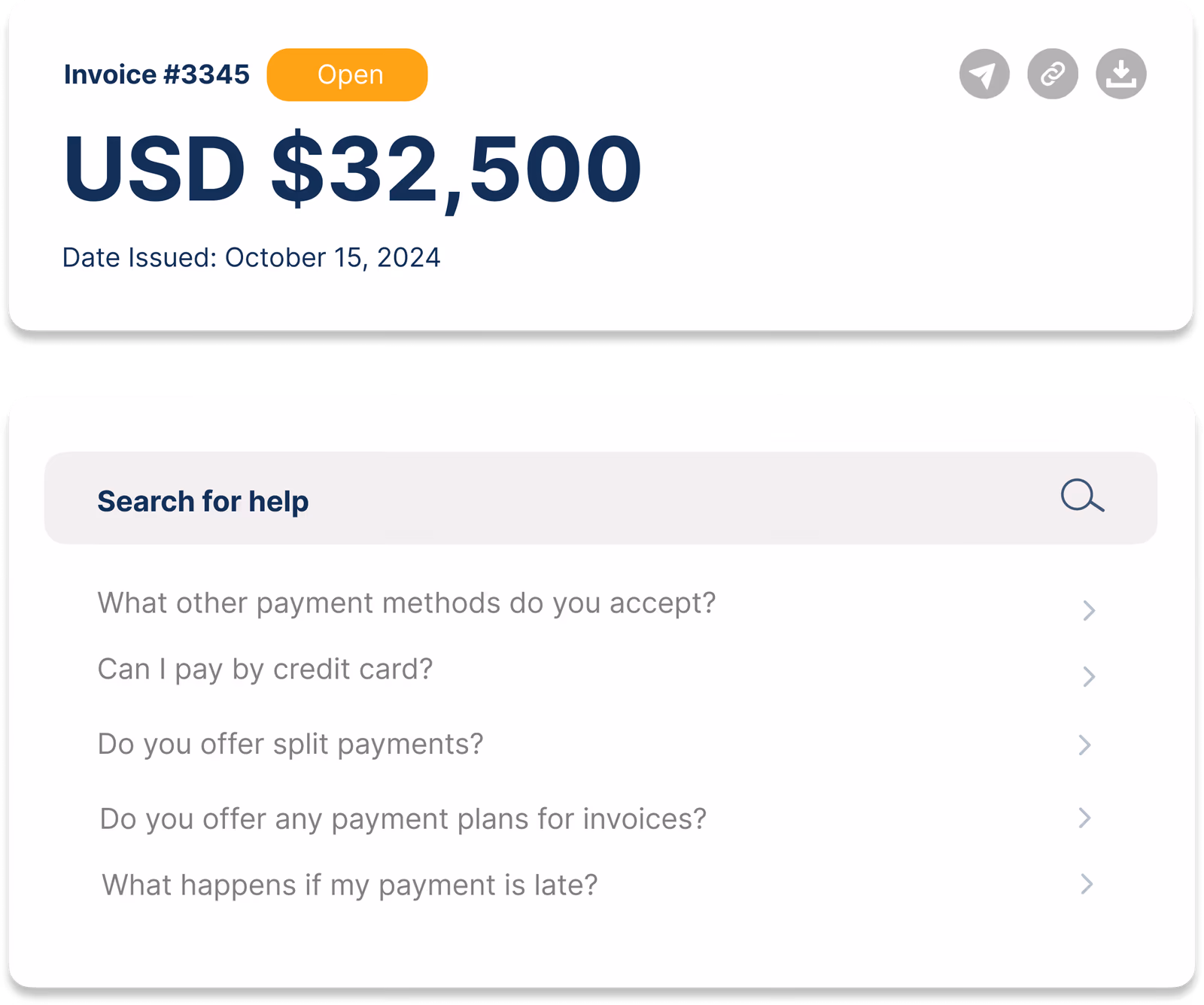 Pelcro Requests — actionable invoice with embedded FAQ and document access
