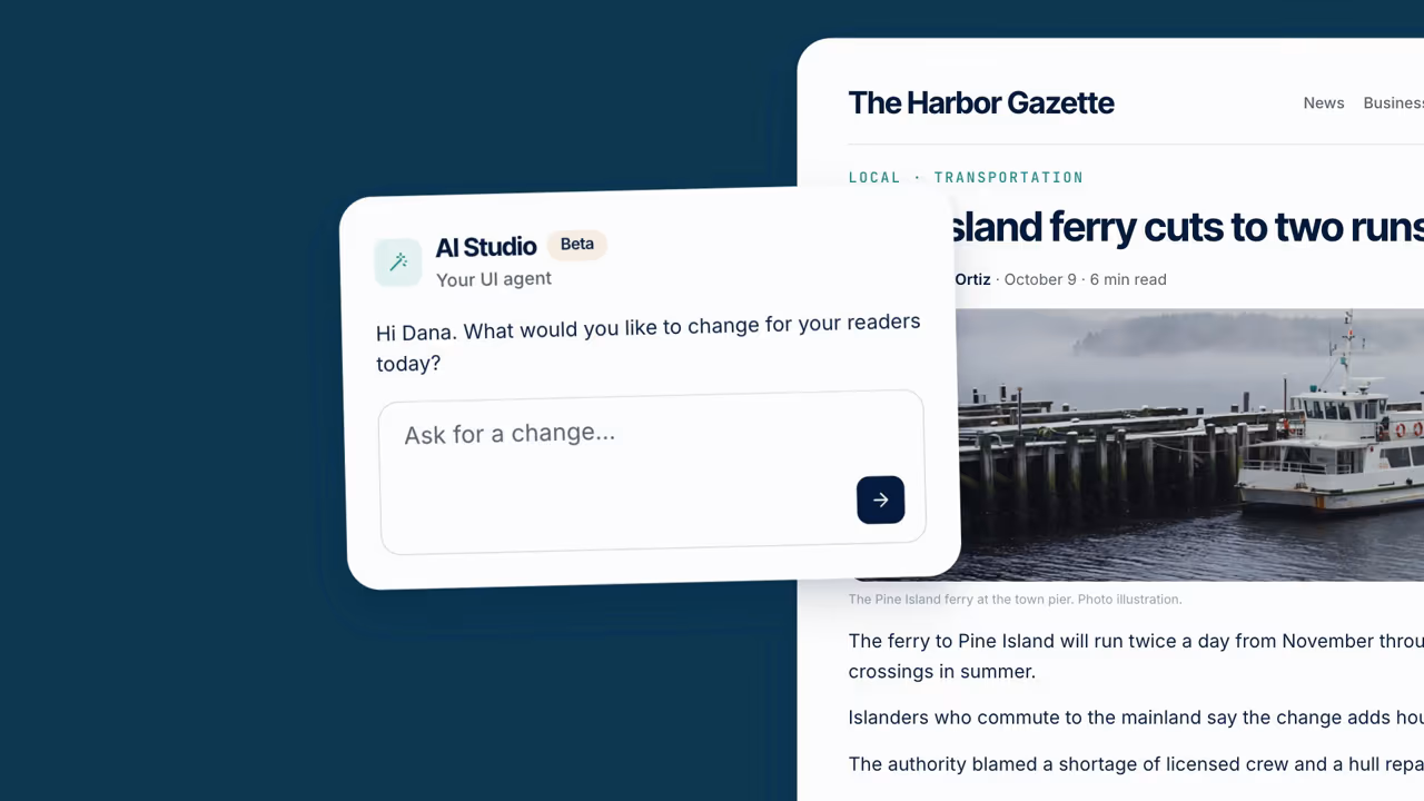 Pelcro AI Studio asking what to change for your readers, beside a sample publisher site